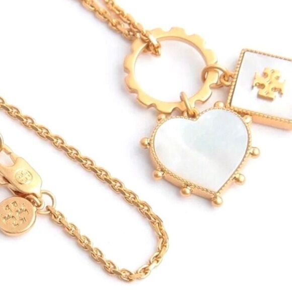 New Tory Burch Gold Mother Of Pearl Sqaure,Heart Necklace - Picture 7 of 10